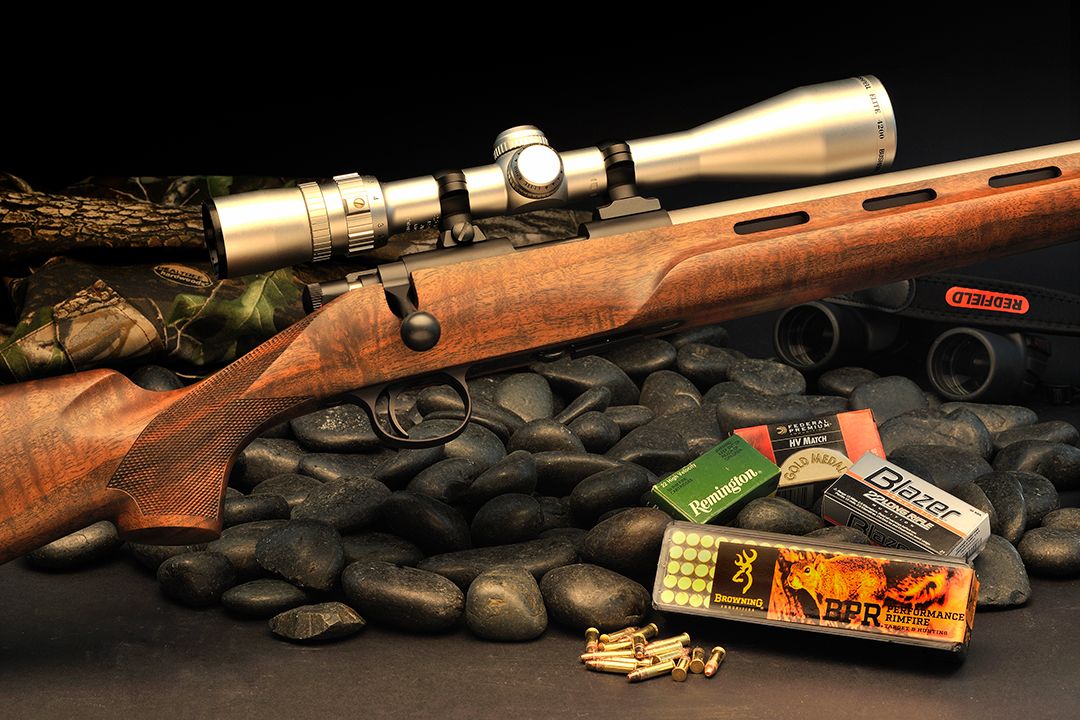 The Cooper Model 57M rifle complete with the Bushnell Elite 4200 2.5-10x 40mm scope. It is chambered for a number of rimfire cartridges, including the .22 Long Rifle, .17 HMR and the .22 WMR. It is truly a first-class rimfire rifle.